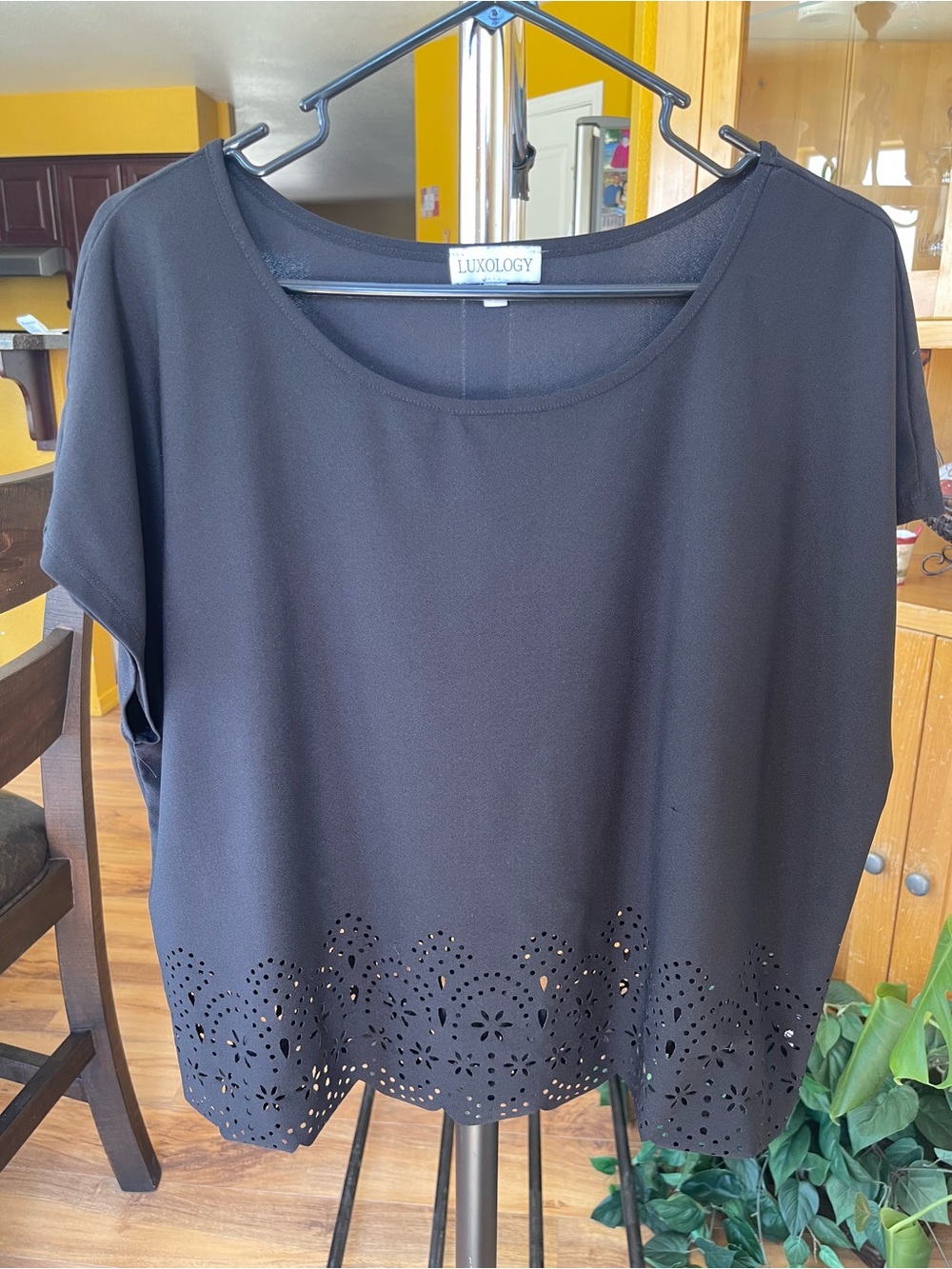 Women’s Black Short Sleeve Top with Laser-Cut Floral Hem - Size XL